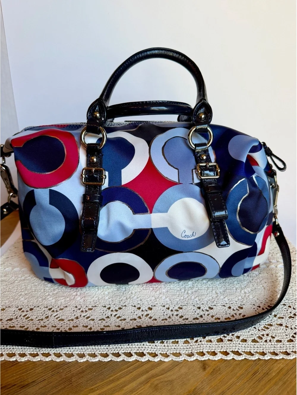 Coach 21233 Kristin Op Art Satin Satchel Crossbody Bag Blue Red Patent Leather